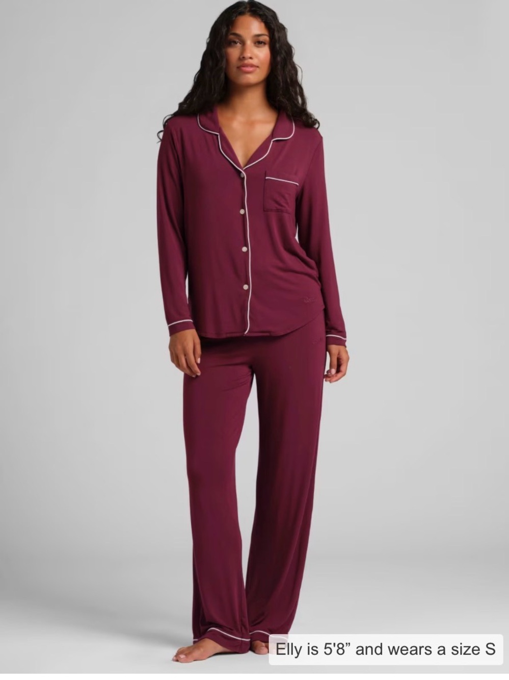 Women's Burgundy Long-Sleeve Pajama Set with Contrast Piping